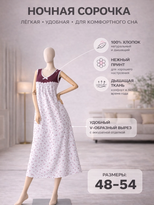 Ayollar tungi ko‘ylagi UzLook, paxta matoli, yengil va qulay, yoqimli uyqu uchun