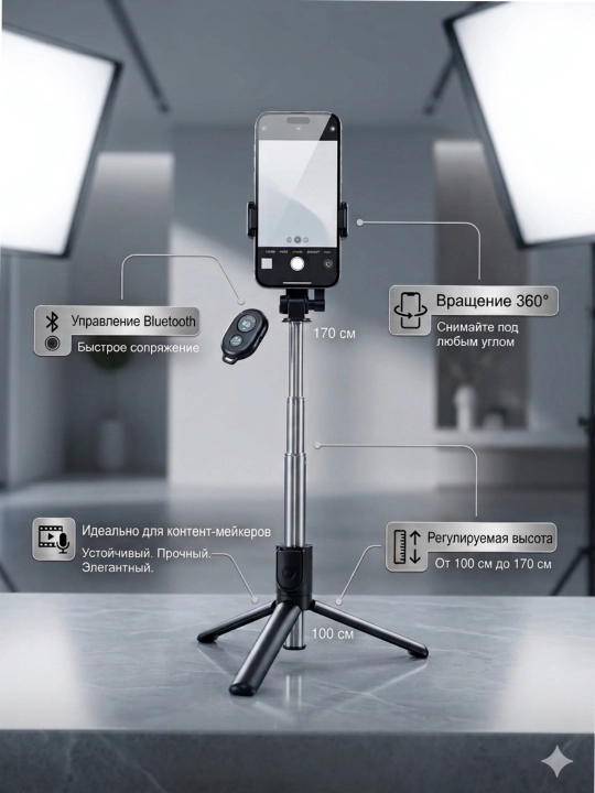 Штатив для телефона складной с Bluetooth пультом, селфи палка, устойчивый, 360° вращение