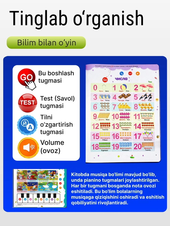 Interaktiv gapiruvchi kitob bolalar uchun 500 so‘z va tovushlar 2 tilda O'zb-Ing, Rus-Ing