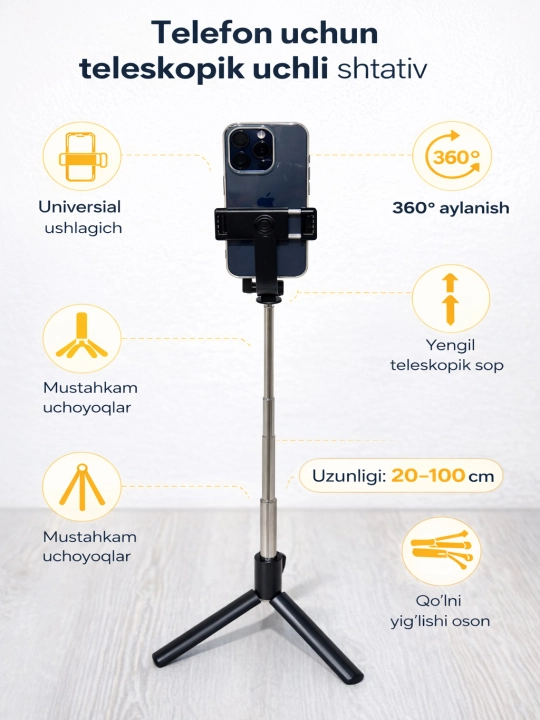 Telefon uchun shtativ Bluetooth pulti bilan, selfi tayoqcha, barqaror, 360° aylanish - 