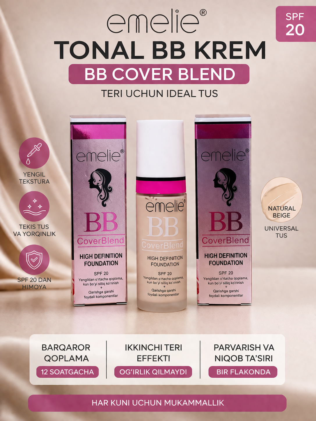 Тональный крем для лица Emelie BB SPF 20, увлажняющий, матовый тон, 40 мл - 