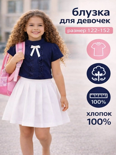 Блузка школьная для девочек, трикотажная, с коротким и длинным рукавом и бантом