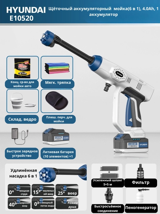Щёточный аккумуляторная мойкa 6 в 1, 4.0Ah, 1 аккумулятор HYUNDAI - 