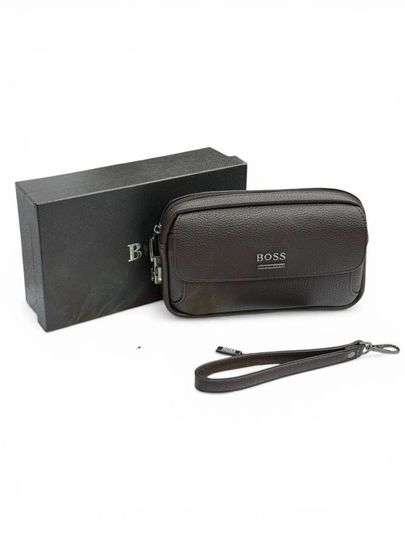 Мужская барсетка-портмоне HUGO BOSS, из эко-кожи — TRENBAG-TB002-КОРИЧН