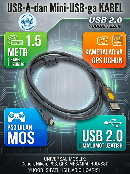 USB-A to Mini USB kabeli - PS3 joystik quvvatlash ucun ham mos - 