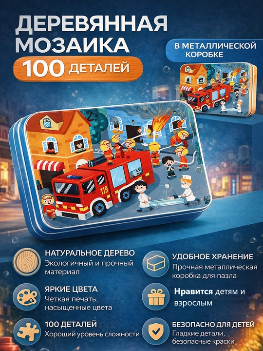 Деревянная мозаика-пазл 100 деталей, в металлической коробке