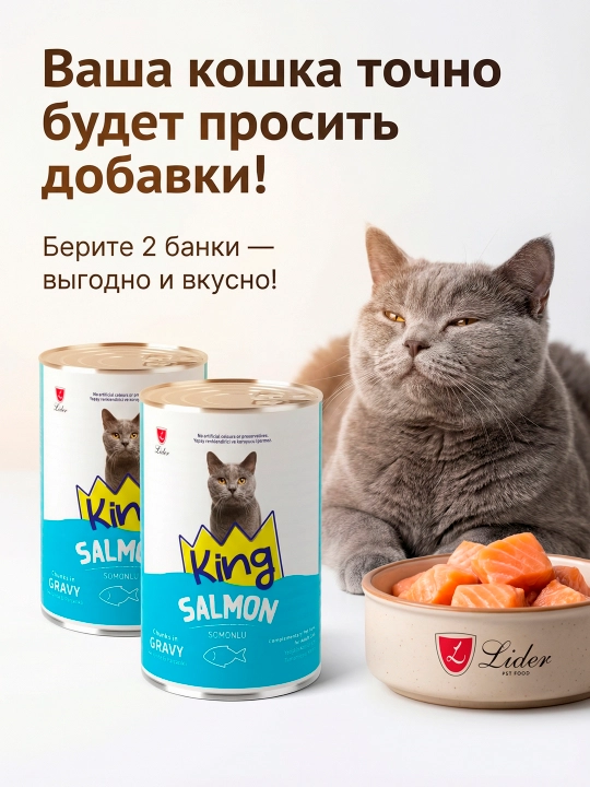 Влажный корм для кошек, 400 гр, аппетитные кусочки в соусе, курица и лосось