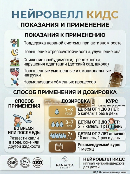 NeuroWell Kids, bolalar uchun tomchilar, asab tizimini, xotirani va uyquni qo'llab-quvvatlash, 30 ml