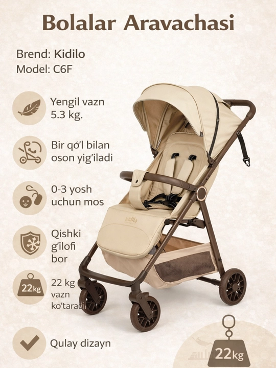 Bolalar aravachasi Kidilo C6F – qulay va yengil - 