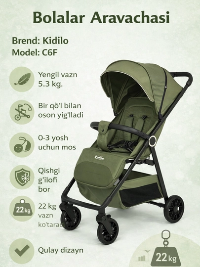 Bolalar aravachasi Kidilo C6F – qulay va yengil - 
