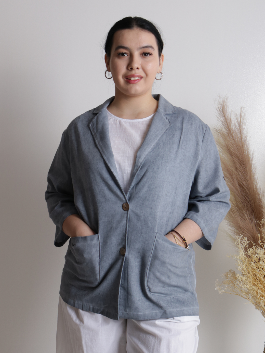 Ayollar pidjagi yengil, tabiiy mato, sutrang, kulrang-ko‘kimtir, cho‘ntakli, plus size