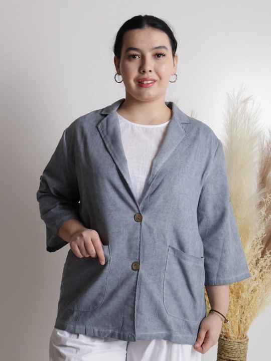 Ayollar pidjagi yengil, tabiiy mato, sutrang, kulrang-ko‘kimtir, cho‘ntakli, plus size