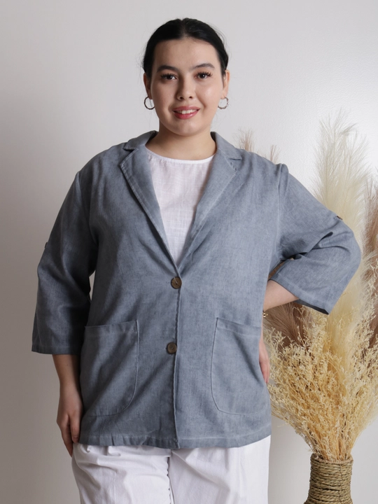 Ayollar pidjagi yengil, tabiiy mato, sutrang, kulrang-ko‘kimtir, cho‘ntakli, plus size