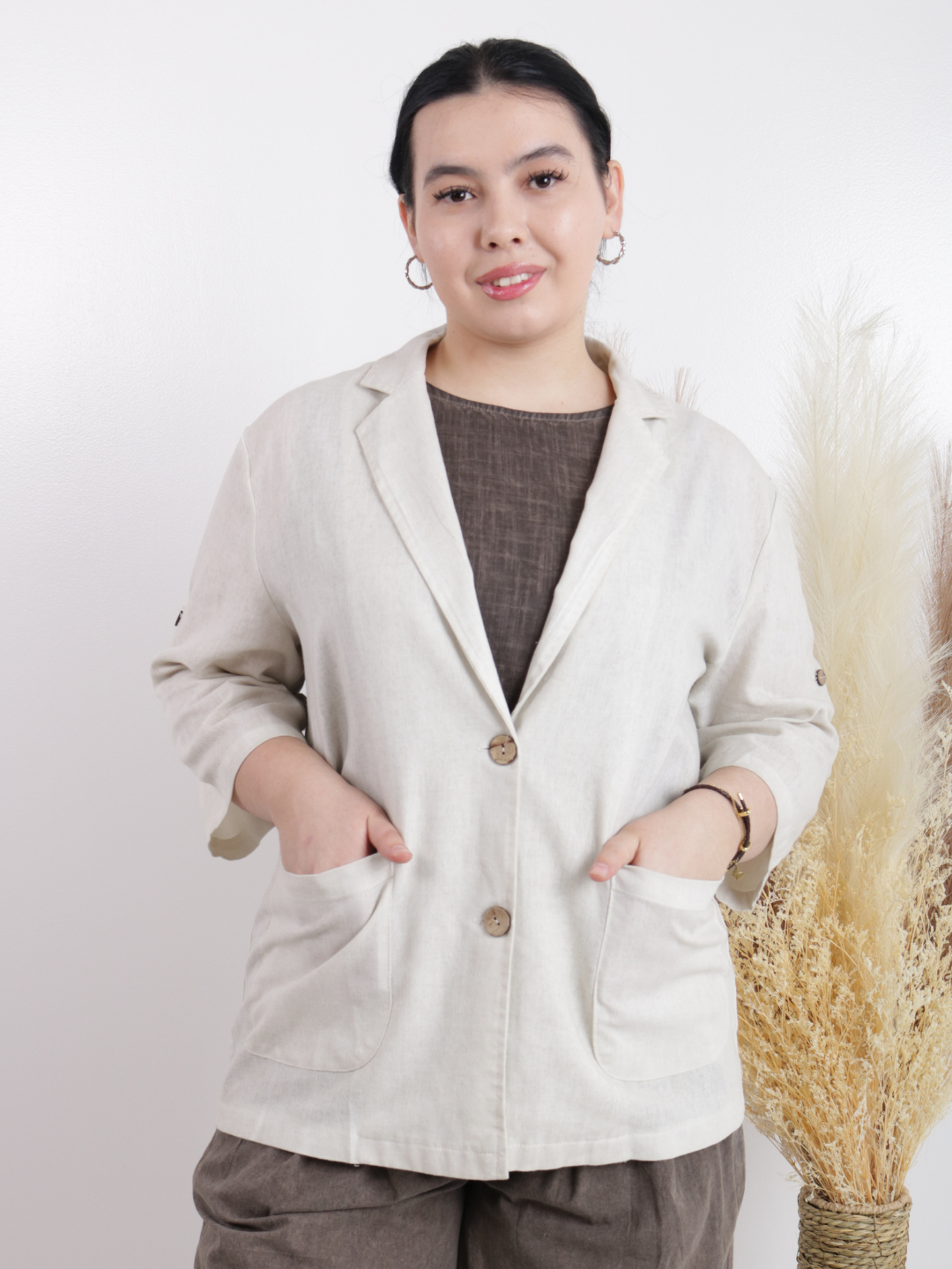 Ayollar pidjagi yengil, tabiiy mato, sutrang, kulrang-ko‘kimtir, cho‘ntakli, plus size
