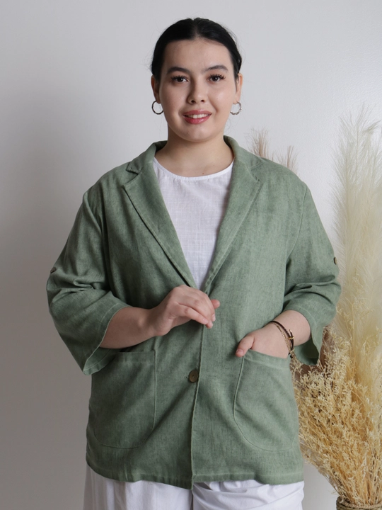 Ayollar pidjagi yengil, tabiiy mato, sutrang, kulrang-ko‘kimtir, cho‘ntakli, plus size