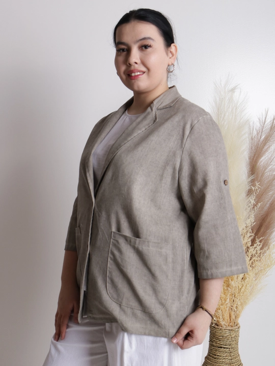 Ayollar pidjagi yengil, tabiiy mato, sutrang, kulrang-ko‘kimtir, cho‘ntakli, plus size