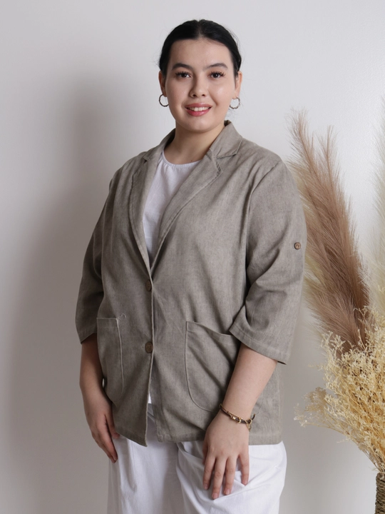 Ayollar pidjagi yengil, tabiiy mato, sutrang, kulrang-ko‘kimtir, cho‘ntakli, plus size