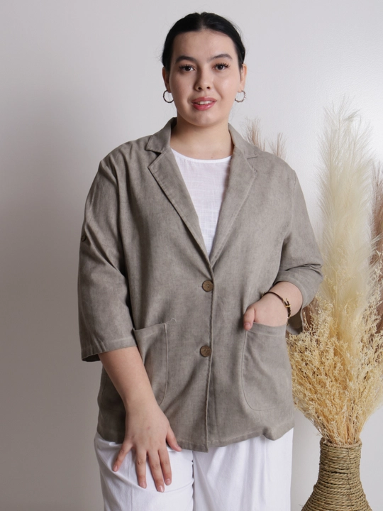 Ayollar pidjagi yengil, tabiiy mato, sutrang, kulrang-ko‘kimtir, cho‘ntakli, plus size