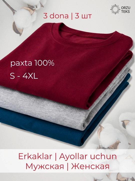 Asosiy futbolka erkaklar va ayollar uchun, bir rangli, 100% paxta, S-4XL, ORZU-TEKS - 
