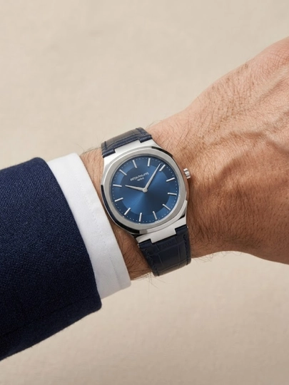 Мужские наручные часы в стиле Patek Philippe, классические кварцевые, кожаный ремешок — WTCLINE-PATEKNEW3-СИНИЙ
