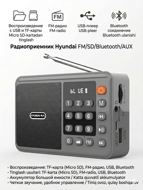 Радиоприемник Hyundai FM/AM с поддержкой SD/USB/AUX/Bluetooth аккумуляторный - 