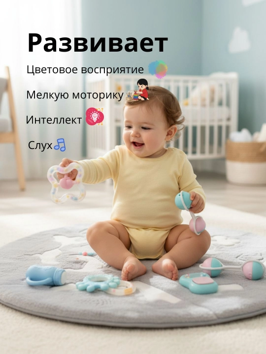 Набор погремушек для малышей 6 шт, яркие цвета, с 3 месяцев