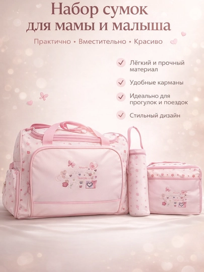 Сумка для мамы и малыша набор 3 в 1, сумка для подгузников, органайзер — LAZA1-MAMASUMKA1-РОЗОВ