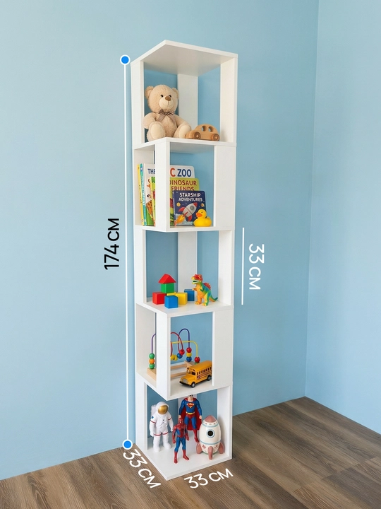 Burchak tokchasi – 6 javonli kitob tokchasi, 174×33×33 sm, oq, bolalar xonasi, mehmonxona