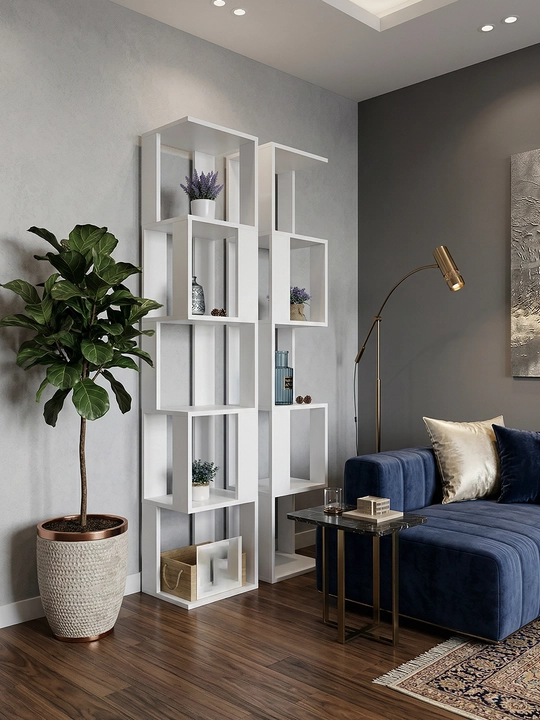 Burchak tokchasi – 6 javonli kitob tokchasi, 174×33×33 sm, oq, bolalar xonasi, mehmonxona