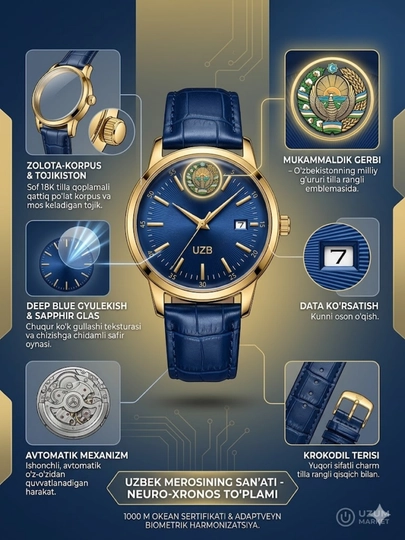 Часы мужские наручные UZB Heritage Neuro-Chronos, механические, кожаный ремешок — NFXWATC-SOARTUZBB-ТЕМНСИН-Sovga