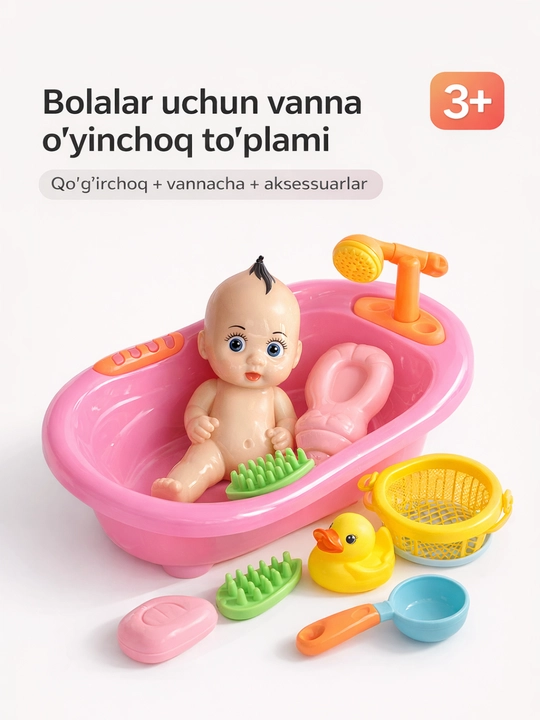 Bolalar uchun vanna o‘yinchoq to‘plami, qo‘g‘irchoq va vannacha bilan - 
