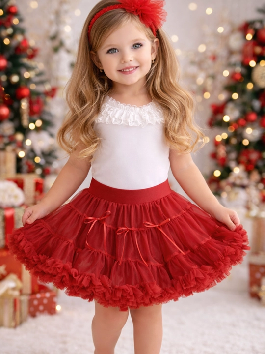 Fatin yubka tutu qizlar uchun bantikli ko‘p qatlamli bayram yubkasi 1-5 yosh qizil oq