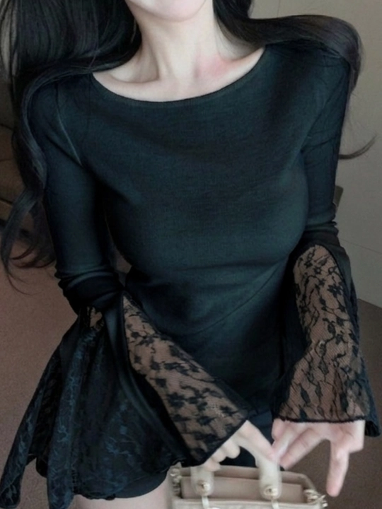Кофта женская, с гипюровыми рукавами Soft Lace Bell —приталенная блуза - 