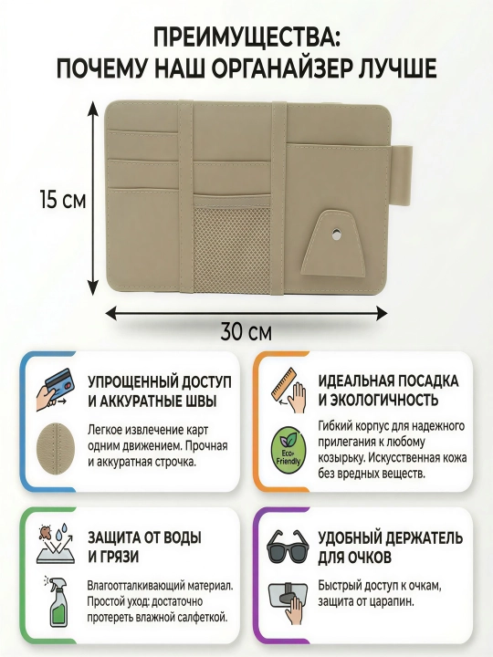 Органайзер в автомобиль на солнцезащитный козырек из экокожи - 