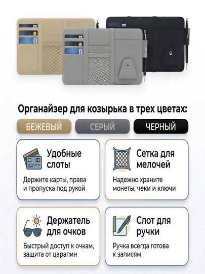 Органайзер в автомобиль на солнцезащитный козырек из экокожи