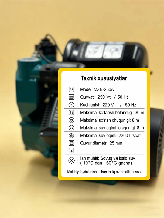 Avtomatik o'z-o'zidan ishlaydigan suv nasosi MOON MZN-250A, 250 Vt, uy va bog' uchun