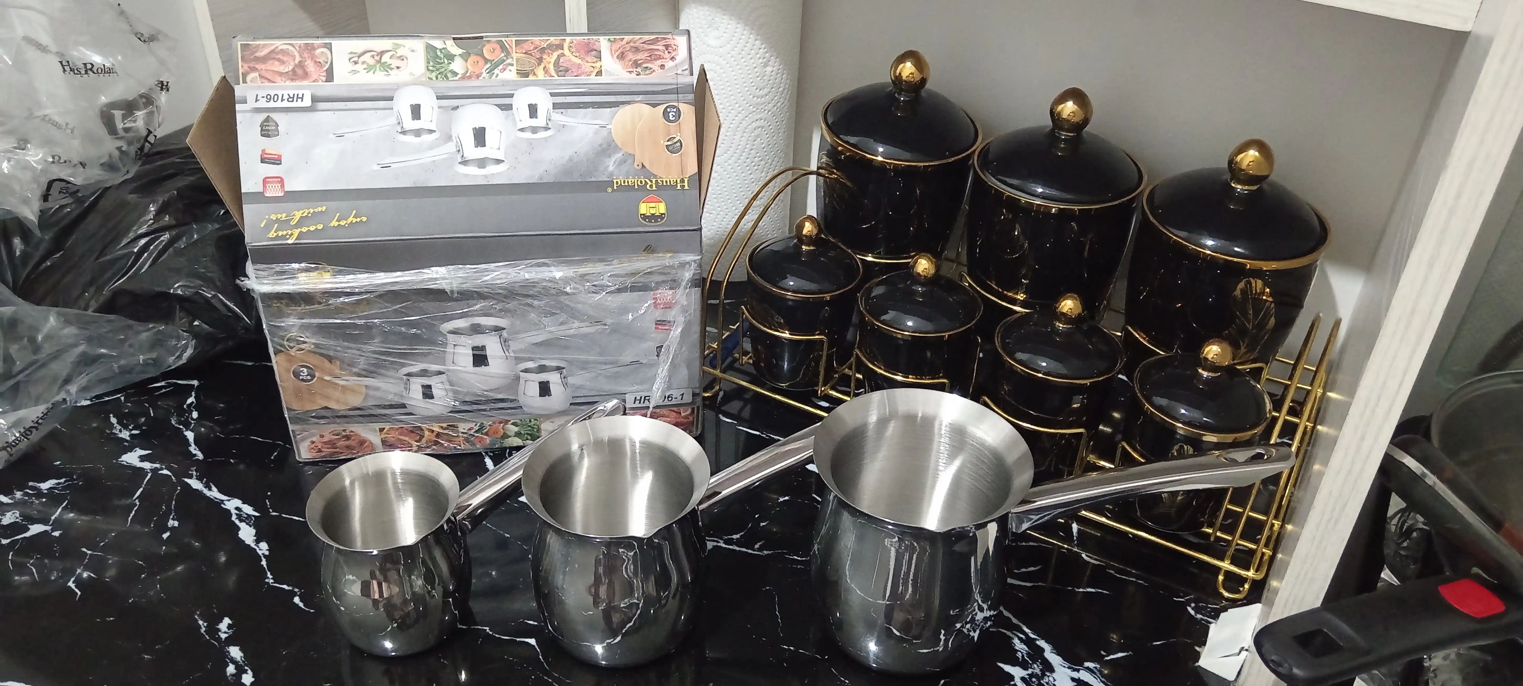 Zanglamas po‘latdan turka to'plami, 3 dona, qahva tayyorlash uchun 200, 400, 600 ml