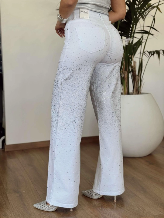 Джинсы женские широкие wide leg со стразами, высокая посадка, белые - 