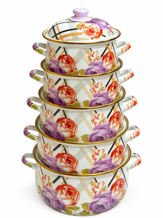 5 dona emalli kastryulka to‘plami, qopqoqli, 1,1–3,9 litr, oshxona uchun - 