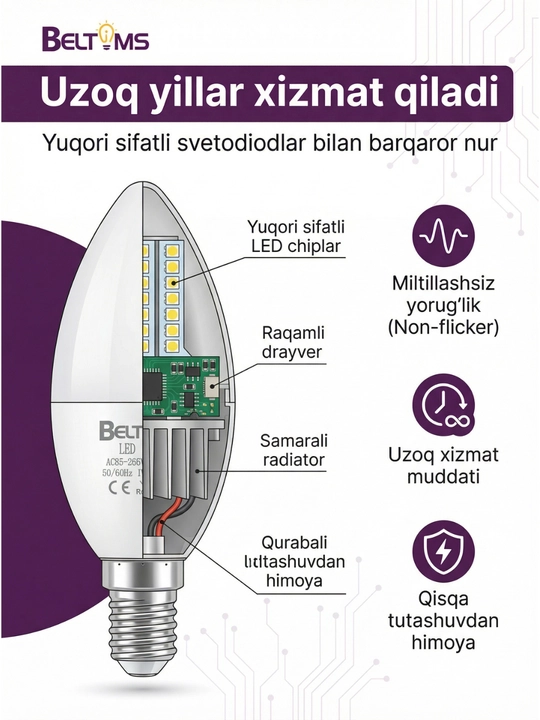 Beltoms LED Lampa E14, 10W — Qandillar uchun energiya tejamkor A+, 6500K Sovuq oq