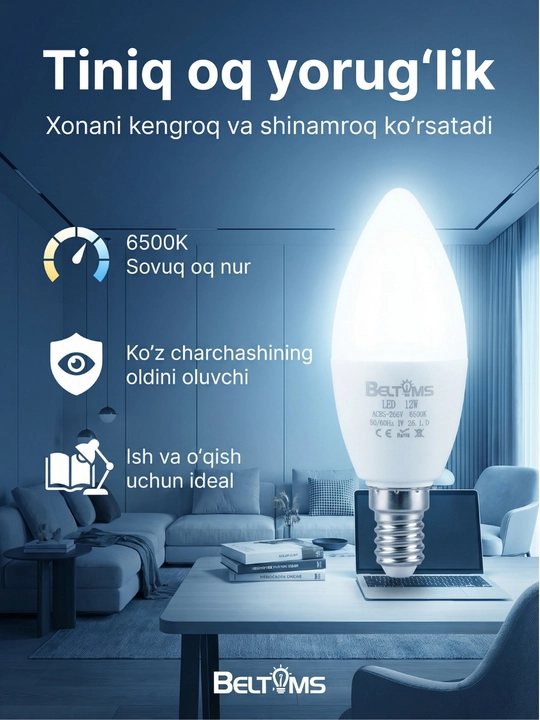 Beltoms LED Lampa E14, 10W — Qandillar uchun energiya tejamkor A+, 6500K Sovuq oq