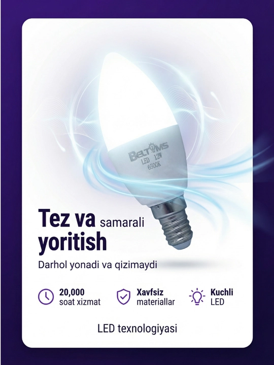 LED лампочка E14, 12W эквивалент 100W, 6500K холодный белый, свеча