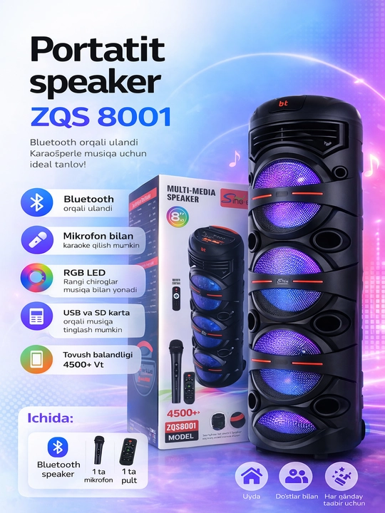 Bluetooth ZQS 8301 — 8308-большая музыкальная колонка, беспроводной микрофон - 