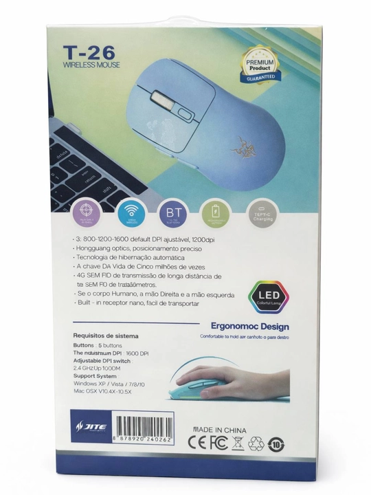 Simsiz sichqoncha JITE T-26, Bluetooth va USB 2.4G qayta zaryadlanuvchi, kompyuter va noutbuk uchun