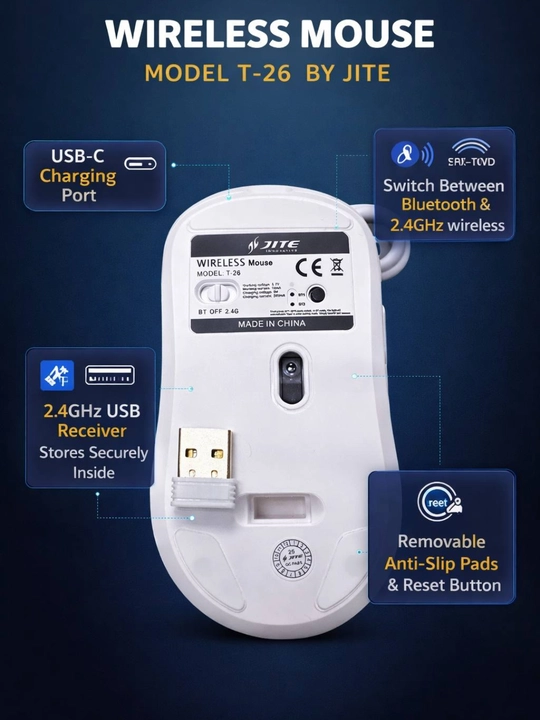 Simsiz sichqoncha JITE T-26, Bluetooth va USB 2.4G qayta zaryadlanuvchi, kompyuter va noutbuk uchun