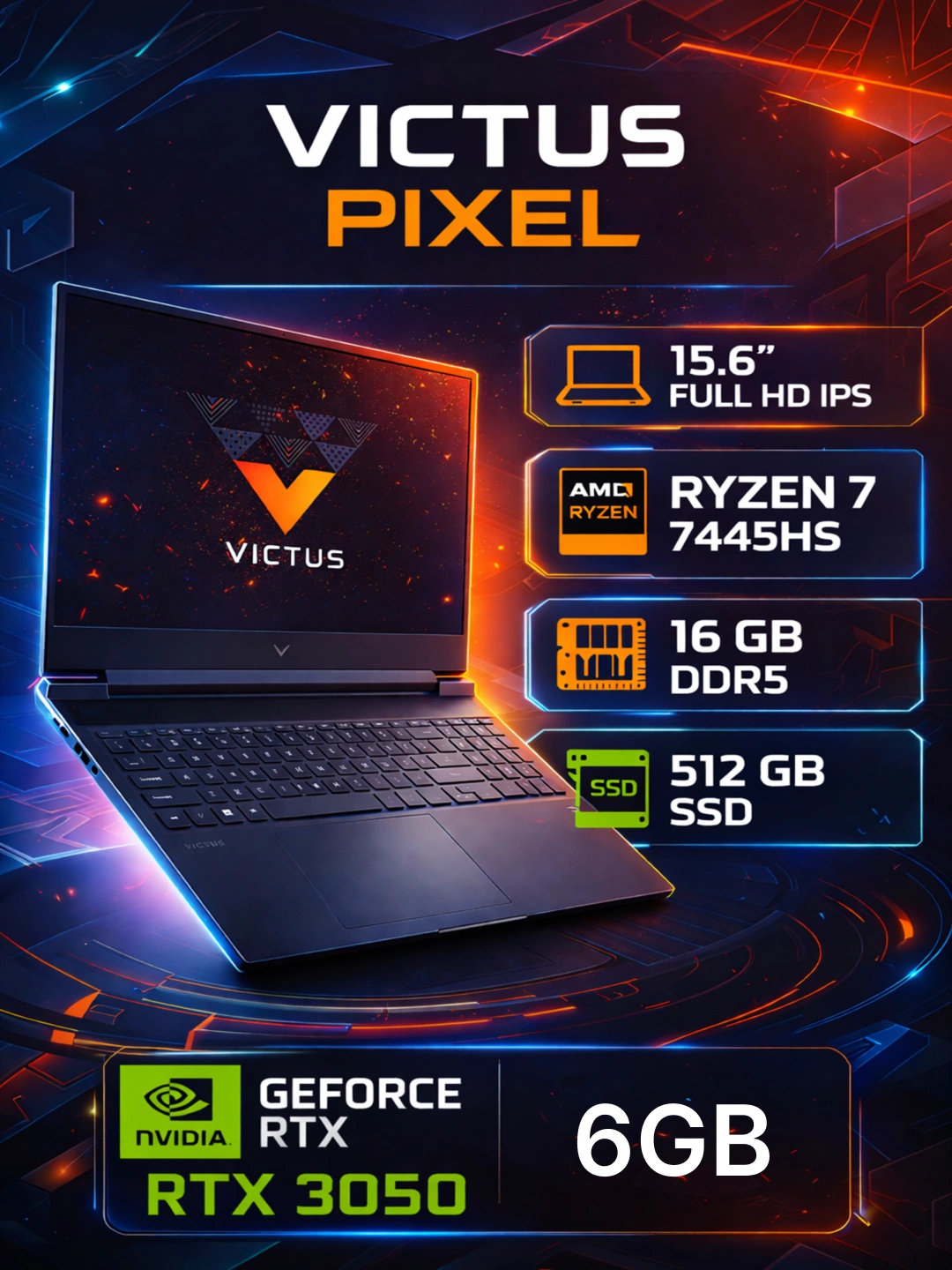 HP Victus 15 Ryzen 7-7445HS 32/1TBSSD/RTX3050 6Gb/FullHDIPS 144Hz, 1 год гарантии за 10000000 сум по лучшей цене. Uzum Market