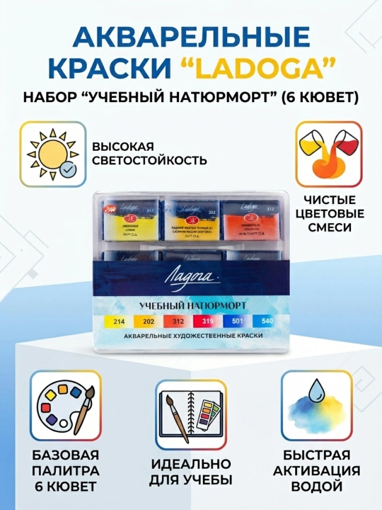 Набор акварельных красок «Ладога» «Учебный натюрморт», 6×2,5 мл, пластиковый кейс