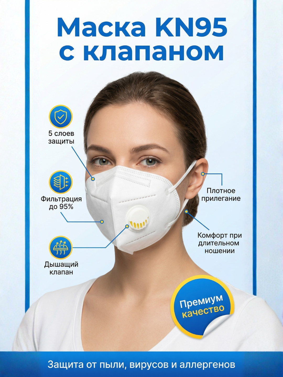 5 qatlamli klapanli KN95 tibbiy niqobi, 95% gacha himoyalovchi respirator, qulay o‘rnashish imkoniyati - 