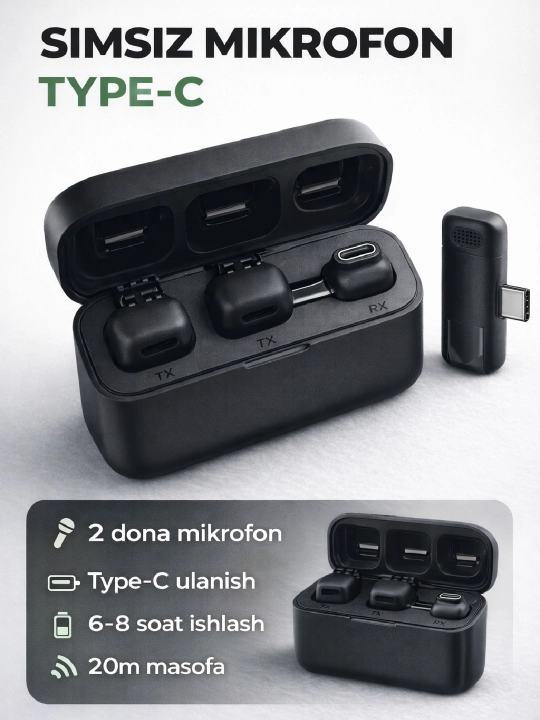 Simsiz mikrofon 2 dona | Type-C va iPhone uchun | 20 metrgacha | shovqinni kamaytirish - 
