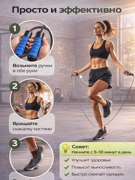 Скакалка для фитнеса с мягкими ручками, регулируемая, для кардио и похудения